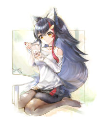 Rule 34 | 1girl, animal ear fluff, animal ears, black hair, black pantyhose, black shorts, border, breasts, cat, chopsticks, closed mouth, clothing cutout, commentary, eating, food, full body, hair ornament, highres, hololive, kei (keigarou), long hair, long sleeves, looking at viewer, medium breasts, multicolored hair, noodles, ookami mio, ookami mio (casual), orange eyes, outside border, pantyhose, red hair, shirt, short shorts, shorts, shoulder cutout, simple background, sitting, sleeves past wrists, smile, solo, soumen, streaked hair, table, taiga (ookami mio), tail, tail wrap, traditional media, two-tone hair, virtual youtuber, wariza, white background, white shirt, wolf ears, wolf tail