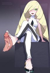 Rule 34 | 10s, 1boy, 1girl, bare shoulders, barefoot, blonde hair, blush, creatures (company), cum, cum on body, cum on lower body, disembodied penis, dress, feet, footjob, furanh, game freak, green eyes, hetero, highres, long hair, lusamine (pokemon), nintendo, open mouth, penis, pokemon, pokemon sm, shoes, single shoe, sitting, smile, solo focus, toe cleavage, toes, uncensored, veins, veiny penis