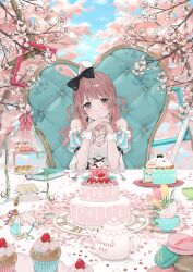 Rule 34 | 1girl, absurdres, alice in wonderland, black bow, bow, breasts, cake, card, cleavage, cleavage cutout, clothing cutout, cupcake, detached sleeves, flower, food, hair bow, highres, long hair, looking at viewer, macaron, medium breasts, nail polish, original, own hands together, parted lips, pink eyes, pink hair, pink nails, playing card, pommm pomemen04, sandwich, sitting, sleeveless, solo, spring (season), striped sleeves, teapot