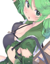 Rule 34 | 1girl, angry, black tank top, blush, box, breasts, camouflage, camouflage jacket, chest harness, cleavage, embarrassed, from above, green eyes, green hair, green jacket, harness, jacket, key, large breasts, looking at breasts, medium hair, puuakachan, simple background, solo, sweatdrop, tank top, torn clothes, torn jacket, touhou, white background, yamashiro takane