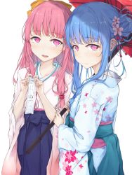Rule 34 | 2girls, blue hair, blue kimono, blue skirt, cherry blossom print, commentary, floral print, flower, haamon (harmon), hair flower, hair ornament, highres, holding, holding paper, holding umbrella, japanese clothes, kimono, kotonoha akane, kotonoha aoi, long hair, looking at viewer, multiple girls, oil-paper umbrella, omikuji, open mouth, paper, pink eyes, pink hair, pink kimono, siblings, sisters, skirt, smile, translated, umbrella, upper body, vipper captain, voiceroid, white background