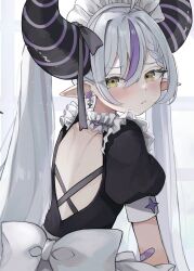 Rule 34 | 1girl, :t, ahoge, alternate costume, apron, backless dress, backless outfit, bandaid, bandaid on arm, bare back, black dress, black ribbon, blush, bow, braid, braided bangs, collar, demon horns, dress, earrings, fang, frilled collar, frilled headband, frills, from behind, frown, grey hair, hair intakes, heart, heart earrings, highres, hololive, holox, horns, jewelry, la+ darknesss, large horns, long hair, looking at viewer, looking back, maid, maid apron, maid headdress, multicolored hair, nemuta muu, pointy ears, pout, puffy short sleeves, puffy sleeves, ribbon, short sleeves, sidelocks, single braid, solo, streaked hair, twintails, very long hair, virtual youtuber, white bow, white headdress, yellow eyes