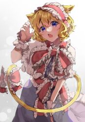 Rule 34 | 1girl, alice margatroid, animal ears, blonde hair, blue dress, blue eyes, capelet, cat ears, cat tail, dress, fang, frilled capelet, frills, hair between eyes, hairband, highres, jingai (k1bun), lolita hairband, open mouth, red hairband, short hair, short sleeves, simple background, solo, tail, touhou, upper body, white background, white capelet
