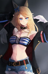 Rule 34 | 1girl, animal ears, bandeau, bare shoulders, belt, black belt, black choker, black jacket, blonde hair, blue bow, blue eyes, bow, breasts, cero421, choker, cleavage, collarbone, commentary request, cutoffs, denim, denim shorts, ear bow, gloves, gold city (umamusume), grey background, highres, horse ears, jacket, long hair, long sleeves, medium breasts, midriff, navel, off shoulder, open clothes, open jacket, short sleeves, shorts, solo, stomach, strapless, striped bandeau, tube top, umamusume, upper body, white gloves