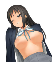 Rule 34 | 1girl, a1 (initial-g), akiyama mio, black eyes, black hair, breasts, highres, k-on!, large breasts, long hair, nipples, one eye closed, open clothes, open shirt, pleated skirt, school uniform, shirt, simple background, skirt, solo, white background, wince, wink