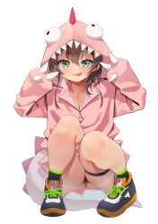 Rule 34 | 1girl, absurdres, agnamore, black footwear, black socks, breasts, brown hair, cleavage, collarbone, commentary request, green eyes, hair between eyes, hands up, highres, hololive, hood, hood up, licking lips, natsuiro matsuri, natsuiro matsuri (gaming casual), no panties, shoes, simple background, small breasts, socks, solo, squatting, tail, teeth, tongue, tongue out, upper teeth only, virtual youtuber, white background