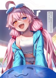 Rule 34 | 1girl, ahoge, bikini, blue archive, blue eyes, blue jacket, blush, commentary request, eyewear on head, fang, frilled bikini, frills, hair between eyes, hair ornament, halo, heterochromia, highres, hoshino (blue archive), hoshino (swimsuit) (blue archive), jacket, long hair, long sleeves, looking at viewer, low twintails, matsunashi noe, navel, open mouth, orange eyes, pink hair, smile, solo, sunglasses, swimsuit, thigh gap, translated, transparent, twintails, white bikini