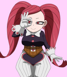 Rule 34 | 1girl, boku no hero academia, bow, bowtie, breasts, earrings, gloves, heart, heart earrings, highres, jewelry, la brava, long hair, long sleeves, medium breasts, ok sign, ok sign over eye, pink background, red hair, simple background, smile, solo, standing, twintails, white bow, white gloves, ysd2552