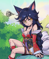 Rule 34 | 1girl, ahri (league of legends), animal ears, annoyed, bare shoulders, black dress, black hair, braid, bush, day, dress, facial mark, fox ears, fox tail, league of legends, long hair, long sleeves, looking to the side, outdoors, phantom ix row, pout, red dress, shiny skin, sitting, solo, squiggle, tail, tearing up, whisker markings, white dress, yellow eyes