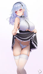 Rule 34 | 1girl, apron, azur lane, black hairband, black skirt, blush, breasts, center frills, choker, clothes lift, clothing cutout, dido (azur lane), embarrassed, frilled choker, frills, garter belt, hairband, highres, lace-trimmed hairband, lace trim, large breasts, lifting own clothes, long hair, looking to the side, panties, purple eyes, simple background, skirt, skirt lift, solo, thighhighs, thighs, underboob, underboob cutout, underwear, waist apron, wei xiao, white apron, white background, white hair, white panties, white thighhighs