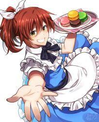 Rule 34 | 1girl, alice (alice in wonderland), alice (alice in wonderland) (cosplay), alice in wonderland, apron, arm up, black bow, black bowtie, blue dress, bow, bowtie, breasts, brown hair, cosplay, cowboy shot, dated, dress, food, goblin slayer!, green eyes, grin, hair between eyes, hair ribbon, hand up, highres, holding, holding tray, kankitukou, medium breasts, plate, pointy ears, ponytail, rhea fighter (goblin slayer!), ribbon, smile, solo, teeth, tray, waist apron, white apron, white ribbon