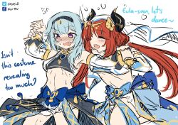 Rule 34 | 2girls, arms up, blue hair, blush, breasts, closed eyes, dancing, eula (genshin impact), eyebrows hidden by hair, fake horns, genshin impact, hair ornament, hairband, hat, highres, holding, holding hands, horns, jewelry, long hair, looking at another, looking down, medium breasts, multiple girls, nilou (genshin impact), open mouth, red hair, sesield, skirt, small breasts, smile, stomach, twintails, veil