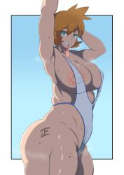 Rule 34 | 1girl, alternate breast size, body writing, breasts, condom, condom in mouth, creatures (company), female focus, game freak, grin, highres, looking at viewer, misty (pokemon), mouth hold, nintendo, nipples, oryutoo, outside border, pokemon, pokemon hgss, short hair, smile, solo, steam, swimsuit, tally, upper body, used condom