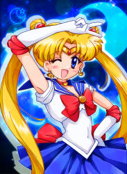 Rule 34 | 1990s (style), 1girl, :d, armpits, bad id, bad pixiv id, bishoujo senshi sailor moon, blonde hair, blue eyes, blue sailor collar, blue skirt, bow, brooch, choker, crescent moon, double bun, earrings, elbow gloves, gloves, hair ornament, hairpin, hand on own hip, happy, hip focus, jewelry, long hair, magical girl, moon, one eye closed, open mouth, pleated skirt, red bow, ribbon, sailor collar, sailor moon, skirt, smile, solo, tiara, tsukino usagi, twintails, v, white gloves, wink, zipang (zip@ng works)