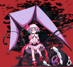 Rule 34 | 1girl, arms behind back, bare legs, bat (animal), blue hair, bobby socks, bright pupils, center frills, closed mouth, demon tail, frills, full body, hat, hat ribbon, highres, looking at viewer, mob cap, pink hat, pink skirt, red eyes, red footwear, red ribbon, remilia scarlet, ribbon, shoes, skirt, smile, socks, solo, standing, tail, touhou, white socks, yofukashi