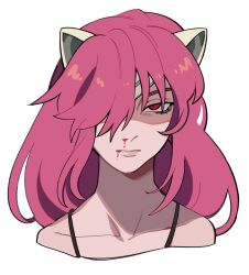 Rule 34 | 1girl, animal ears, bandage over one eye, blood, blood on face, cat ears, close-up, elfen lied, hair over one eye, highres, long hair, looking ahead, looking at viewer, lucy (elfen lied), nosebleed, pink hair, porqueloin, portrait, red eyes, simple background, solo, spaghetti strap, straight hair, white background