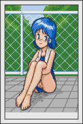 Rule 34 | 1girl, barefoot, blue eyes, blue hair, blue one-piece swimsuit, blush, breasts, chain-link fence, clothing aside, collarbone, fence, leg grab, long hair, looking to the side, one-piece swimsuit, pixel art, puddle, pussy, saiwai hiroshi, serizawa miki, sitting, sky, small breasts, smile, super real mahjong, swimsuit, swimsuit aside, towel, tree