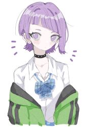 Rule 34 | 1girl, absurdres, alternate hair length, alternate hairstyle, blouse, blue bow, blue bowtie, blush, bow, bowtie, collarbone, ear piercing, expressionless, green jacket, highres, idolmaster, idolmaster shiny colors, jacket, jacket partially removed, looking at viewer, notice lines, piercing, purple eyes, purple hair, saionji musashi, shirt, short hair, sketch, solo, tanaka mamimi, white background
