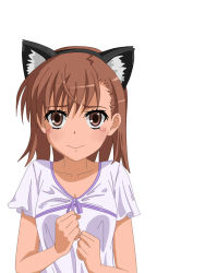 1girl animal_ears blush brown_eyes brown_hair cat_ears cat_girl female_focus fursen hairband highres misaka_mikoto nervous short_hair simple_background solo toaru_kagaku_no_railgun toaru_majutsu_no_index white_background