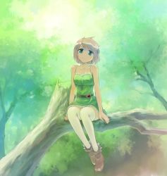 Rule 34 | 1girl, ankle boots, black footwear, bob cut, boots, branch, brown hair, closed mouth, commentary, day, dress, green dress, green eyes, highres, ikeda jun (mizutamari), lace, lace-trimmed dress, lace trim, looking at viewer, original, outdoors, redrawn, short dress, short hair, sitting, smile, solo, spaghetti strap, thighhighs, tree, white thighhighs