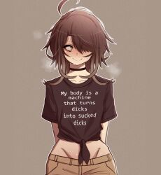 Rule 34 | 1girl, ahoge, arms behind back, black choker, black shirt, blush, brown background, brown hair, choker, closed mouth, clothes writing, english text, flat chest, green eyes, hair over one eye, highres, meme attire, naoillus, nervous sweating, original, outline, rinni (naoillus), shirt, short sleeves, simple background, smile, solo, sweat, t-shirt, tied shirt, white outline
