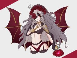 Rule 34 | 1girl, absurdres, alternate costume, bat wings, bra, breasts, closed mouth, commentary, cowboy shot, embla (closed-off bride) (fire emblem), embla (fire emblem), english commentary, eyepatch, fire emblem, fire emblem heroes, flower, grey hair, hair flower, hair ornament, hand on own chest, highres, long hair, looking at viewer, meinou, navel, nintendo, red eyes, red flower, small breasts, solo, underwear, very long hair, wings