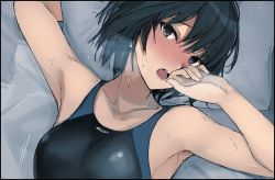 Rule 34 | 1girl, amagami, arm behind head, armpits, bangs, bed sheet, black border, black hair, black swimsuit, blue swimsuit, blush, border, breasts, breath, brown eyes, collarbone, commentary, competition swimsuit, hair between eyes, hand on own chest, highres, looking at viewer, lying, medium breasts, mobu, motion lines, nanasaki ai, nose blush, on back, on bed, one-piece swimsuit, open mouth, pillow, raised eyebrows, saliva, sexually suggestive, short hair, solo, sweat, swimsuit, tears, two-tone swimsuit, upper body
