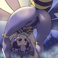Rule 34 | 1girl, antennae, arthropod girl, ass, bad id, bad pixiv id, bee, bee girl, bent over, bug, capcom, cosine, highres, insect, insect girl, leotard, monster girl, pantyhose, purple hair, q-bee, smile, solo, vampire (game)