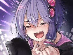 Rule 34 | 1girl, absurdres, black jacket, blush, clenched hand, collarbone, commentary, criss-cross halter, crying, closed eyes, hair ornament, hair tubes, halterneck, hand on own chest, highres, hood, hooded jacket, jacket, microa, microphone, music, open mouth, portrait, purple hair, short hair with long locks, sidelocks, singing, solo, tears, vocaloid, voiceroid, yuzuki yukari