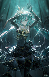 Rule 34 | 1girl, ahoge, aqua eyes, aqua hair, arms up, black thighhighs, blurry, blurry background, breasts, collarbone, crown, dress, garter straps, hatsune miku, highres, long hair, looking at viewer, medium breasts, qys3, solo, thighhighs, twintails, vocaloid