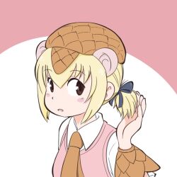 Rule 34 | 1girl, alternate hairstyle, blonde hair, blue bow, blush, bow, brown eyes, brown necktie, cabbie hat, extra ears, giant pangolin (kemono friends), hair between eyes, hair bow, hat, kemono friends, long sleeves, morinexxx, necktie, pangolin ears, pink vest, ponytail, scales, shirt, short hair, sidelocks, sleeve cuffs, solo, vest, white shirt