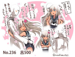 Rule 34 | 10s, 1boy, 1girl, :d, :t, ^ ^, admiral (kancolle), blue eyes, blush, blush stickers, grabbing another&#039;s breast, character name, closed eyes, closed mouth, commentary request, covering privates, covering chest, epaulettes, eyebrows, flower, from side, frown, grabbing, hair flower, hair ornament, heart, hetero, hug, kantai collection, long sleeves, looking at another, military, military uniform, motion lines, naval uniform, one-piece swimsuit, open mouth, pout, ro-500 (kancolle), sailor collar, school swimsuit, sleeveless, smile, speech bubble, suzuki toto, sweatdrop, swimsuit, tan, tanline, translation request, twitter username, uniform, white hair