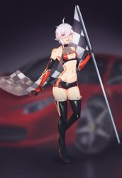 Rule 34 | 1girl, absurdres, ahoge, black footwear, black gloves, black shorts, blue eyes, blurry, blurry background, boots, borrowed character, breasts, car, checkered flag, cleavage, cleavage cutout, clothing cutout, commentary, elbow gloves, elf, english commentary, ferrari, flag, flagpole, full body, gloves, hair between eyes, hair ornament, hairclip, halterneck, highres, lokii, looking at viewer, luna (unsomnus), motor vehicle, multicolored clothes, multicolored gloves, navel, original, pointy ears, red gloves, see-through, shiny clothes, shiny skin, short hair, short shorts, shorts, silver hair, small breasts, solo, standing, tattoo, teeth, thigh boots, thighhighs, upper teeth only