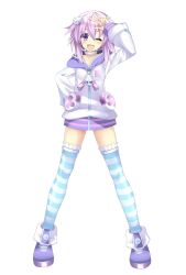 Rule 34 | 10s, 1girl, d-pad, hair ornament, hatsumi ponpei, hood, hoodie, looking at viewer, neptune (neptunia), neptune (series), one eye closed, purple eyes, purple hair, short hair, simple background, smile, solo, striped clothes, striped thighhighs, thighhighs, v, white background