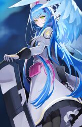 Rule 34 | 1girl, absurdres, angry, black cloud, blue archive, blue hair, blue wings, breasts, dark background, dra (dhra a), dress, green eyes, highres, looking at viewer, medium breasts, mine (blue archive), shield, standing, white dress, wings