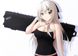 Rule 34 | 1girl, :o, ahoge, bare arms, bare shoulders, black bow, black camisole, bow, breasts, camisole, character name, cleavage, collarbone, commentary, covered navel, criss-cross halter, girls&#039; frontline, groin, hair between eyes, hair bow, hair ornament, hairclip, halterneck, hand up, head tilt, highres, iws 2000 (girls&#039; frontline), keenh, large breasts, long hair, looking at viewer, parted lips, red eyes, signature, solo, upper body, very long hair, weapon case, white background, white hair