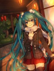 Rule 34 | 1girl, dutch angle, green hair, hand on own chest, hatsune miku, houndstooth, jewelry, long hair, looking at viewer, ring, run (sweettimehappy), scarf, skirt, smile, solo, thighhighs, tree, twintails, very long hair, vocaloid