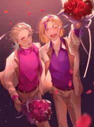 Rule 34 | 2boys, alternate costume, belt, blonde hair, blue eyes, blue hair, blush, bouquet, brown belt, commentary, english commentary, flower, from above, gavis bettel, gradient background, grey hair, hair slicked back, happy, heterochromia, highres, holding, holding bouquet, holostars, holostars english, jacket, light particles, looking at viewer, magni dezmond, male focus, medium hair, mole, mole under mouth, multicolored hair, multiple boys, one eye closed, open clothes, open jacket, open mouth, pants, petals, pink eyes, pink flower, pink hair, pink rose, pink shirt, purple shirt, red flower, red rose, riz tempura, rose, shirt, short hair, spiked ear piercing, standing, valentine, virtual youtuber, white jacket, white pants, yellow eyes