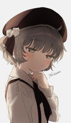 Rule 34 | 1girl, ahoge, arm at side, backlighting, beret, blush, brown eyes, brown hair, closed mouth, collared shirt, commentary, dated, fingernails, flower, from side, grey eyes, grey hair, half-closed eyes, hand on own chin, hand up, hat, hat flower, hat ribbon, hatoba tsugu, head tilt, highres, light, light frown, long sleeves, looking to the side, medium hair, mole, mole under eye, neck ribbon, raised eyebrows, ribbon, sha2mo, shirt, signature, simple background, single hair ring, solo, suspenders, tsugu (vtuber), white background, white flower, white shirt