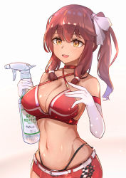Rule 34 | 1girl, absurdres, bare shoulders, bra, breasts, cleavage, elbow gloves, feet out of frame, girls&#039; frontline, gloves, hair ornament, hair ribbon, hairclip, highres, holding, long hair, looking away, medium breasts, muteppona hito, navel, official alternate costume, open mouth, race queen, red bra, red hair, red shorts, red tank top, ribbon, saiga-12 (crimson navigator) (girls&#039; frontline), saiga-12 (girls&#039; frontline), shorts, side ponytail, simple background, solo, standing, tank top, underwear, white gloves, white ribbon, yellow eyes