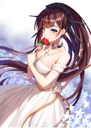 Rule 34 | 1girl, artist name, bare shoulders, bison cangshu, breasts, brown hair, choker, cleavage, collarbone, cowboy shot, dress, eyebrows, floating hair, flower, formal, headgear, holding, holding flower, jewelry, large breasts, long hair, looking at viewer, mole, mole on breast, nagato (warship girls r), necklace, off-shoulder dress, off shoulder, parted lips, pearl necklace, ponytail, purple eyes, red flower, red rose, rose, sketch, solo, very long hair, warship girls r, white dress