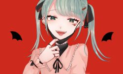 Rule 34 | 1girl, bat wings, commentary, detached wings, fangs, hair ornament, hatsune miku, heart, highres, jewelry, long hair, long sleeves, looking at viewer, mask, mask pull, mouth mask, open mouth, rasiwo, ribbon, shirt, simple background, smile, solo, twintails, upper body, vampire (vocaloid), vocaloid, wings