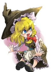 Rule 34 | 1girl, apron, blonde hair, bloomers, blue eyes, blush, braid, buttons, dress, fang, female focus, gameplay mechanics, hair ribbon, hat, hip attack, kirisame marisa, open mouth, ribbon, shoes, socks, solo, taker, taker (flamestorm), touhou, underwear, witch, witch hat