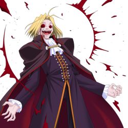 Rule 34 | 00s, 1boy, ascot, blonde hair, cape, cowboy shot, emphasis lines, long sleeves, looking at viewer, male focus, melty blood, military, military uniform, red eyes, sharp teeth, solo, standing, teeth, transparent background, tsukihime, type-moon, uniform, wallachia