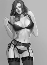 Rule 34 | 1girl, bare shoulders, bra, breasts, contrapposto, cowboy shot, curvy, damegane, female focus, garter belt, garter straps, grey background, greyscale, lace, lace-trimmed bra, lace-trimmed legwear, lace trim, large breasts, lingerie, long hair, looking at viewer, monochrome, naughty face, navel, original, panties, side-tie panties, simple background, solo, standing, stomach, strap slip, string panties, thighhighs, tongue, tongue out, underwear, underwear only