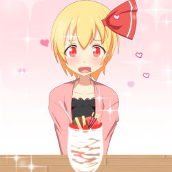 Rule 34 | 1girl, alternate costume, blonde hair, blush, cato (monocatienus), collarbone, contemporary, dessert, drooling, food, fruit, hair ribbon, heart, looking at viewer, mochi, mouth drool, parfait, pocky, pov, red eyes, ribbon, rumia, short hair, solo, sparkle, strawberry, tareme, touhou, upper body, very short hair, wagashi