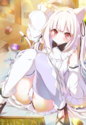 Rule 34 | 1girl, absurdres, animal ear fluff, animal ears, asymmetrical legwear, bare shoulders, blush, cat ears, cat tail, commission, detached sleeves, dress, full body, highres, long hair, long sleeves, looking at viewer, original, panties, pantyshot, red eyes, shiro9jira, sitting, skeb commission, solo, tail, tail ornament, thighhighs, underwear, white dress, white hair, white panties