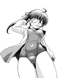 Rule 34 | 1girl, eyepatch, from below, greyscale, long hair, makino yasuhiro, monochrome, one-piece swimsuit, open clothes, open shirt, ponytail, sakamoto mio, school swimsuit, shirt, solo, strike witches, swimsuit, swimsuit under clothes, world witches series