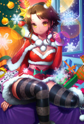 Rule 34 | 1girl, antlers, artist request, box, brown hair, capelet, christmas, christmas tree, flat chest, fur trim, gift, gift box, hair ornament, highres, horns, mole, reindeer antlers, ribbon, santa costume, short hair, short hair with long locks, sita vilosa, skirt, smile, snowflakes, solo, star (symbol), striped clothes, striped thighhighs, sword girls, thighhighs, yellow eyes