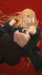 Rule 34 | 1girl, absurdres, black jacket, black necktie, black pants, blonde hair, chainsaw man, chilakkk, clenched hand, collared shirt, cross-shaped pupils, eyes visible through hair, fangs, formal, hair over one eye, highres, horns, jacket, long hair, looking at viewer, necktie, pants, parted lips, power (chainsaw man), reaching, reaching towards viewer, red background, red eyes, red horns, sharp teeth, shirt, shirt tucked in, simple background, solo, suit, suit jacket, symbol-shaped pupils, teeth, twitter username, white shirt